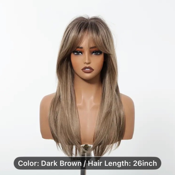 26-Inch Brown Curly Wave Long Wig with Bangs. - Rose Net Cap. - Picture 1 of 2